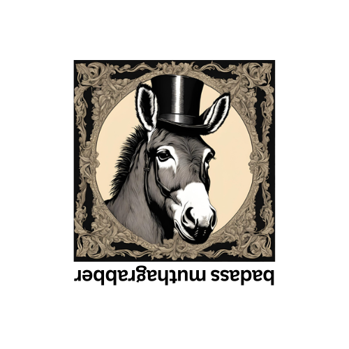A dignified donkey in a top hat, framed in ornate vintage scrollwork